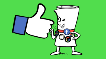 An illustration of a cartoon bill covered in big tech company badges, fist bumping the Facebook hand