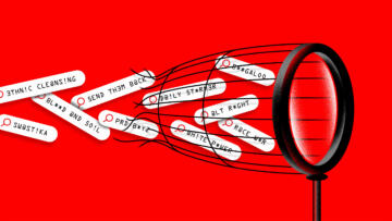 An illustration of a search glass as a fishing net. The net has a hole in it and is little through searches for various hate terms