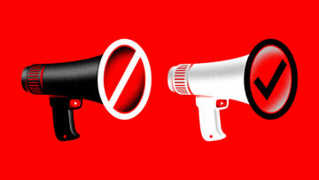 An illustration of two megaphones with YouTube icons as buttons. One megaphone is black and is being blocked. The other, white megaphone, is being allowed.