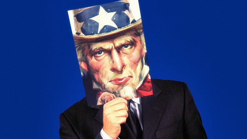 An illustration of a man in a business suit holding up an image of Uncle Sam in front of his face