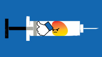 An illustration of a needle with an angry facebook emoji with hand pushing back