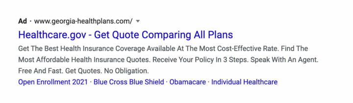 A screenshot of an ad on Google saying "Healthcare.gov" but leading to a private site, "georgia-healthplans.com." The ad appeared in results for a search for "healthcare.gov" in March from Georgia.