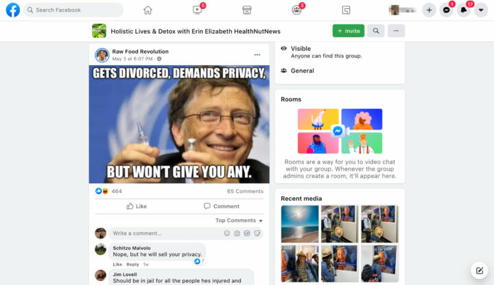 A screenshot of a Facebook post made by "Raw Food Revolution" on the group "Holistic Lives & Detox with Erin Elizabeth". The post is a photo of Bill Gates holding a vaccine with the caption "Gets Divorced, Demands Privacy, But Won't Give You Any"