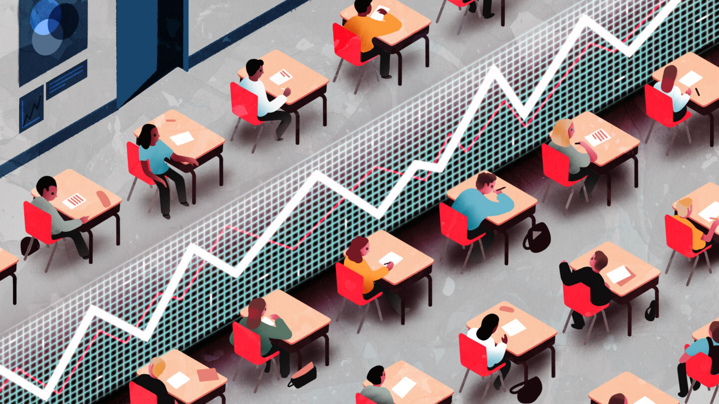 An illustration of a school classroom split in two by a massive line chart