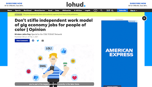 An op-ed on Lohud entitled Don't stifle independent work model of gig economy jobs for people of color