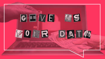 Image of a gloved hand exchanging a key for cash, with ransome-style cutout letters over the top saying GIVE US YOR DATA
