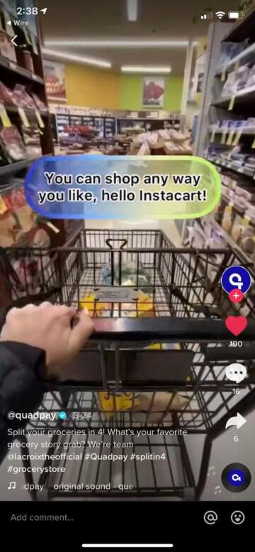 A screenshot from a Quadpay ad on TikTok showing a shopping cart and text saying Split your groceries in 4.