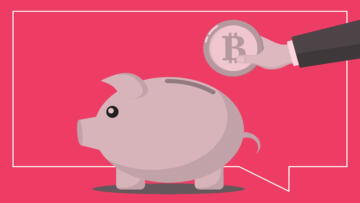 An arm clad in a suit reaches out with a Bitcoin in hand toward a piggy bank.