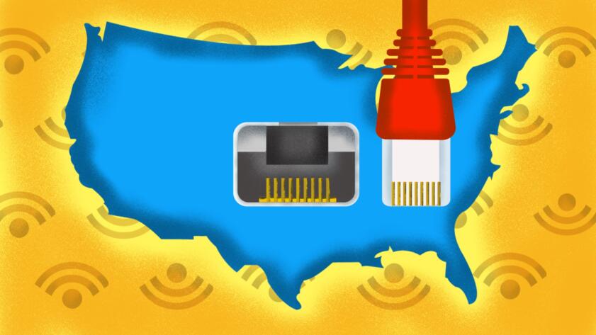 Illustration of the US with an ethernet port in the middle of it.