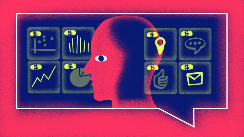 Illustration of profile of head. Green icons of data are to the left and right of this person.