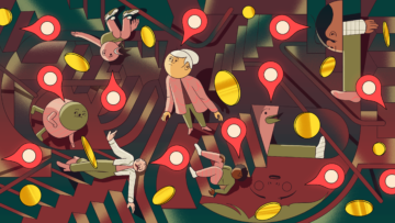 Illustration of several abstract characters standing in a maze of stairs. Location pins and coins are scattered throughout the piece.