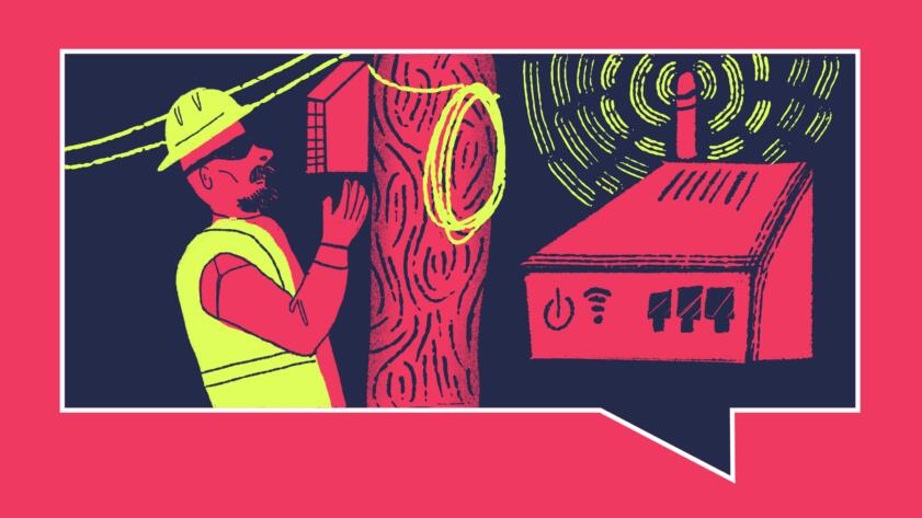 Illustration of man in construction hat and safety vest working at a utility pole. To the right of him is an internet router with wifi signals around it.