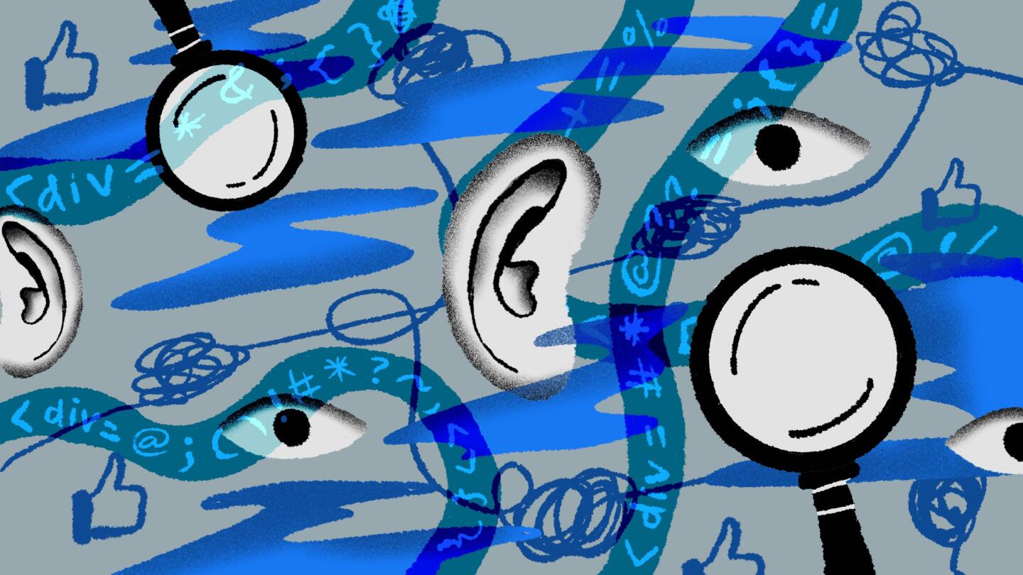 Illustration of jumbled Facebook like icons, blue clouds, squiggles, and junk code. Disparate eyes, ears and magnifying glasses are scattered throughout the art.
