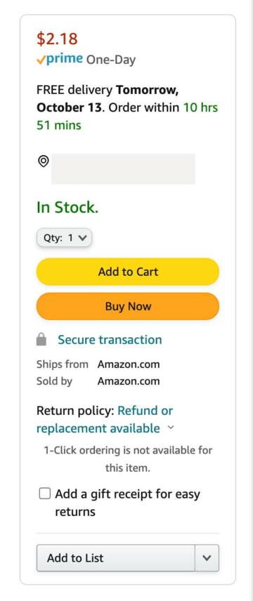 A screenshot of Amazon's website that shows the confirmation screen to buy a product. Amazon is both the default shipper and seller.