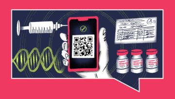 Illustration of a hand holding a phone with a QR code and checkmark, surrounded by a vaccine card, a syringe, vaccine bottles and a DNA strand.