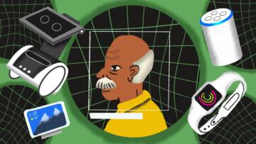 Illustration of an elderly man framed in a sphere. Around him is a floating Astro droid, a Google nest hub, an Amazon alexa and an Apple watch.
