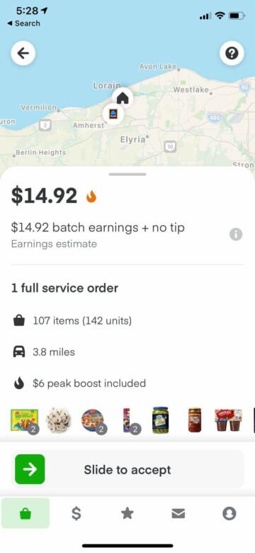 Screenshot of the Instacart app, which offer $14.92 and no tip for a delivery of 107 grocery items.