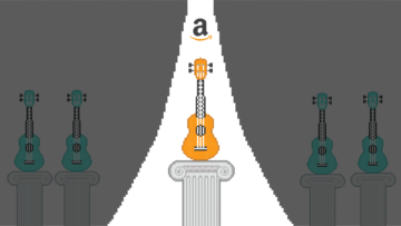 Illustration of an Amazon logo and a ray of light shining on a ukulele placed on a column. In the background there are several ukuleles on lower columns.