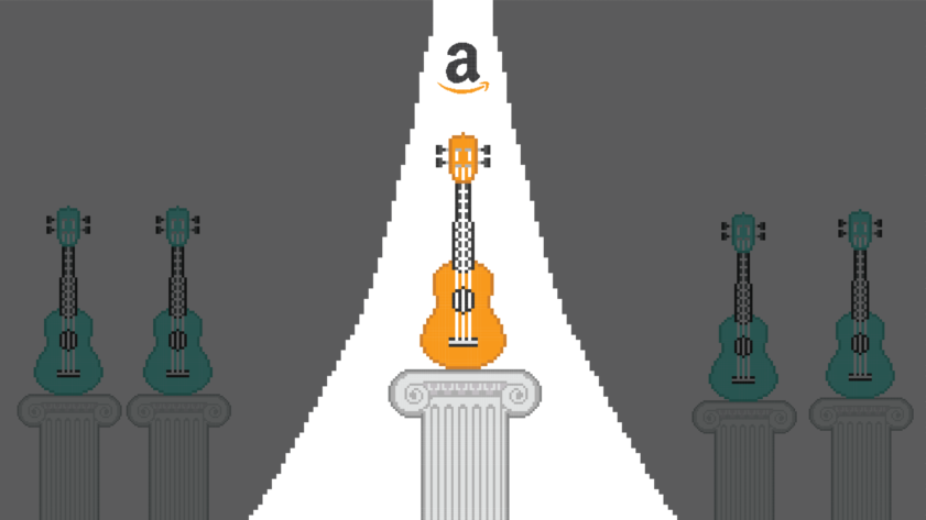 Illustration of an Amazon logo and a ray of light shining on a ukulele placed on a column. In the background there are several ukuleles on lower columns.