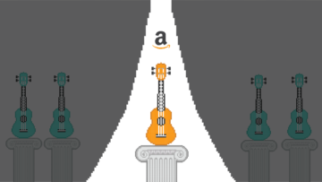 Illustration of an Amazon logo and a ray of light shining on a ukulele placed on a column. In the background there are several ukuleles on lower columns.