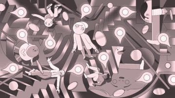 Illustration of several abstract characters standing in a maze of stairs. Location pins and coins are scattered throughout the piece.