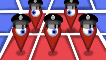 Image of location pins with eyes wearing police hats