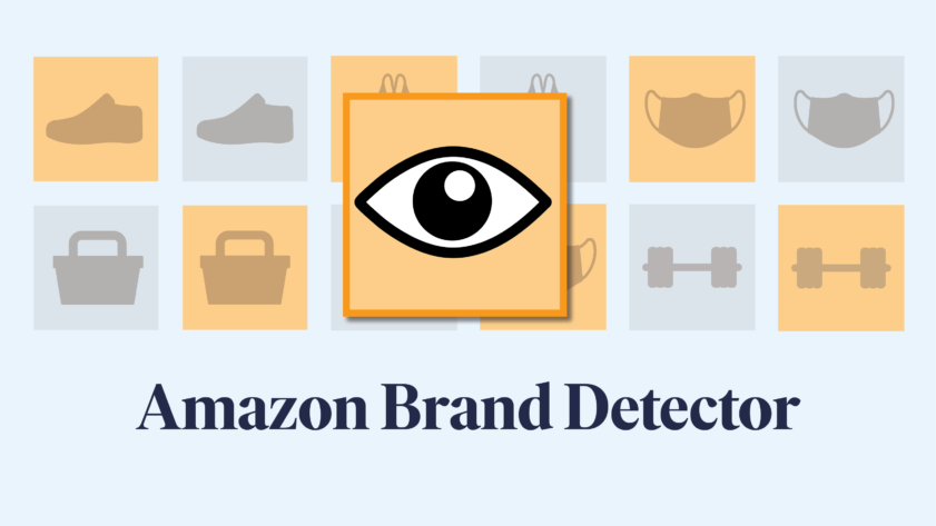 The words "Amazon Brand Detector" under an icon with an eye. In the background there are pairs of items, with orange boxes highlighting one of the pair.