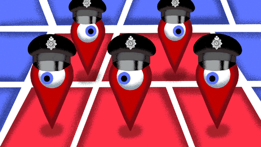 Animation of location pins with eyeballs wearing police hats. The eyes dart from left to right.