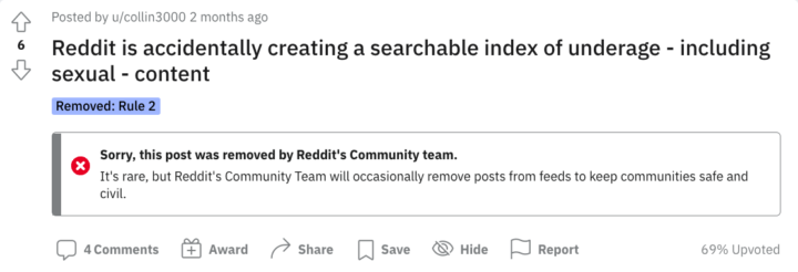 Screenshot of Collin Williams' post on Reddit about the platform's loophole, which was removed by Reddit's community team.