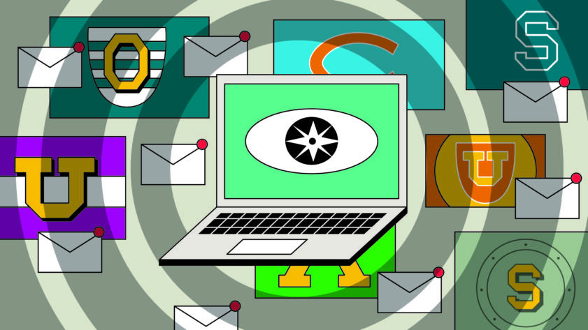 Illustration of laptop with an eye in its screen. University logos and unread message notifications are in the background.
