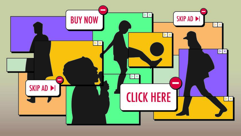 Illustration of a cluster of popup ads, with silhouettes of people doing different activities.