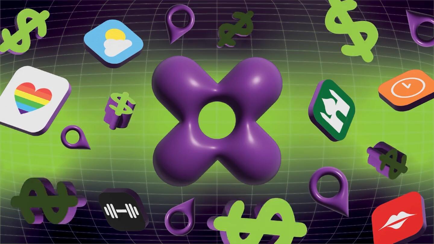 3-D illustration of an inflated X, with an array of app icons, location pins and dollar signs floating in space.