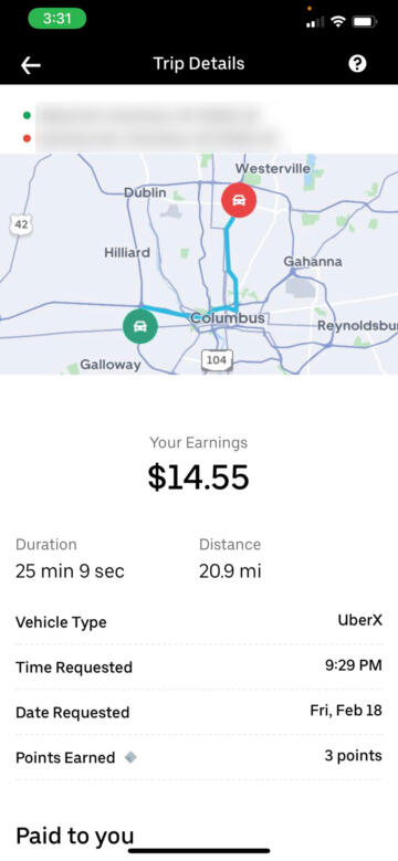 Screenshot of an Uber trip that shows $14.55 in earnings.