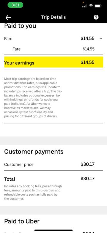 Screenshot of an Uber trip that shows $14.55 in earnings.
