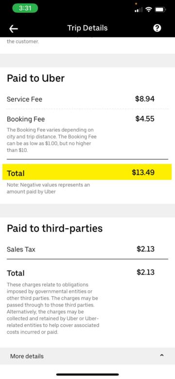 Screenshot of an Uber trip that shows $13.49 going to Uber.