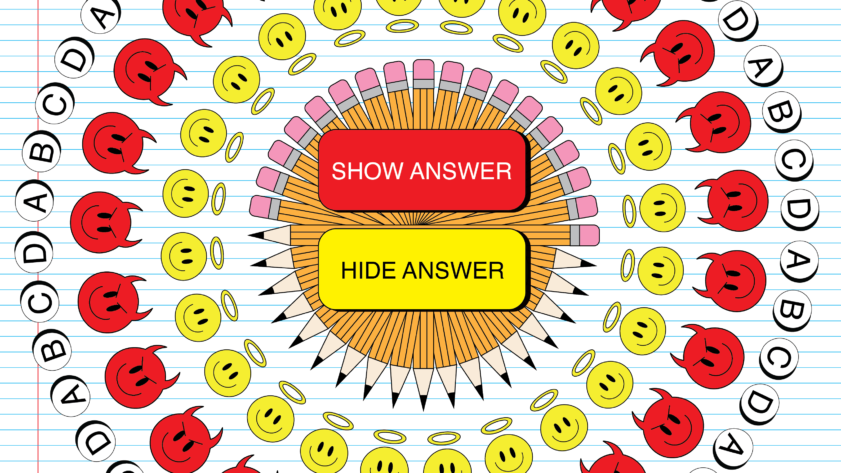 Illustration of two buttons, one saying "SHOW ANSWER" and the other saying "HIDE ANSWER" with angel and devil faces surrounding them.