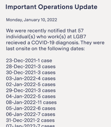 An re-creation of a notification received by a California Amazon warehouse worker entitled Important Operations Update. It states the number of workers at the warehouse who'd received a COVID-19 diagnosis, plus a list with dates of the last time on site and the number of cases