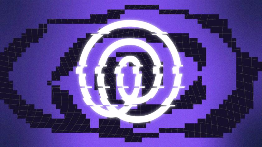 Illustration of Life360's logo, with an electronic lag effect. The background shows openings of a warped grid.