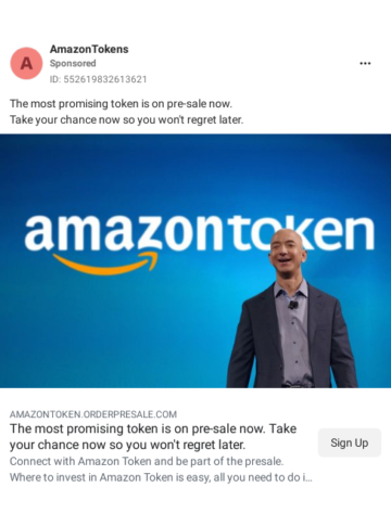 Screenshot of a Facebook ad for Amazon Token, featuring Jeff Bezos' image.