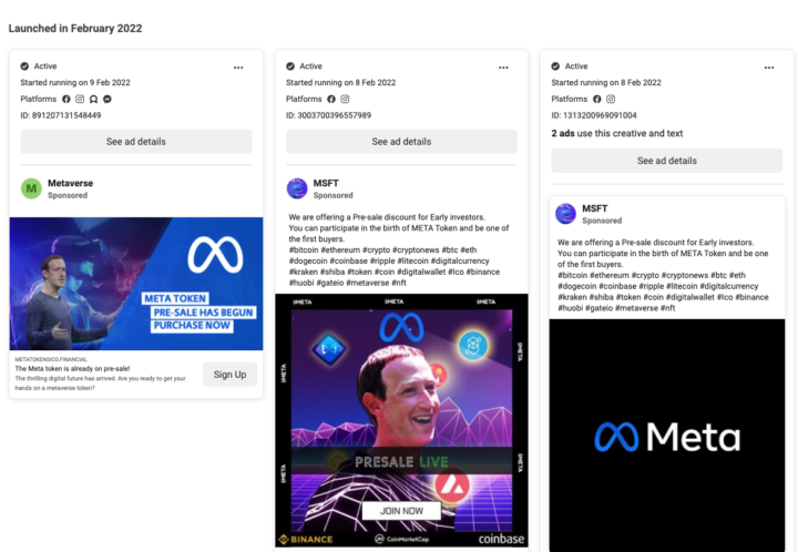 Screenshot of a three Facebook ads for Meta token, featuring the Meta logo and/or Mark Zuckerberg's image.