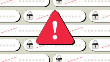 Illustration of a triangular warning sign with an explanation point in the middle. In the background there is a pattern of URL fields with an open lock and a slash through "https://"