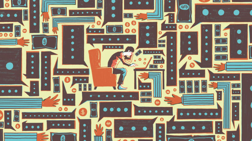 Illustration of a man sitting in an armchair, surrounded by a maze of chat boxes, dollar signs and hands.