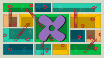 Illustration of an X situated in a maze of rooms with location pins and ladders.