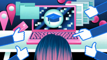 Illustration of the back of a student's head looking at a laptop with a graduation cap on the screen. Various Facebook-like hands are grabbing information like credit cards, location pins and documents.