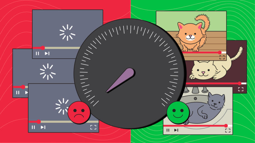 Illustration of a speedometer, with the left side surrounded by videos loading and the right side surrounded by cat videos.