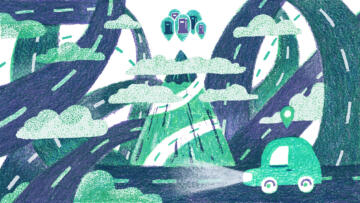 Illustration of a car driving on a road. The road snakes around multiple loops surrounding the mountain. At the top of the mountain there are location pins with gas station icons on them.