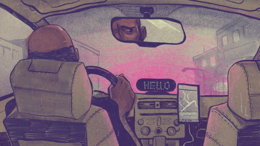 Illustration of a ride share app driver, with a worried expression in their rearview mirror.
