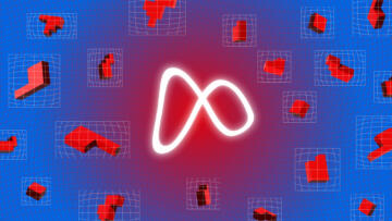 Illustration of a glowing Meta logo in the center, surrounded by 3D pixels with grid overlays on them. The background is also a warped grid.