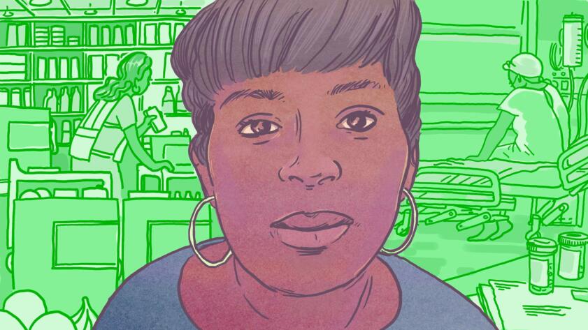 Illustration of Ethel Brooks, a Black woman wearing earrings and a blue shirt. The green monochrome background to her left shows her working at Amazon Fresh. The background to the right shows her on the hospital bed, with pills and envelopes in the foreground.