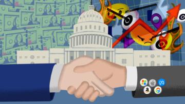 Illustration of a handshake, with the Capitol building in the background. To the left of the Capitol building there are dollar bills. To the right of the capitol building there are multiple fires, emojis, thumbs and location pins. The hand on the right has little buttons for Microsoft, Amazon, Apple, Meta and Google on their wrist.